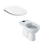 Stojąca miska WC Selnova do spłuczki nasadzanej, lejowa, B36 cm, H39 cm, T67 cm, odpływ pionowy Deska sedesowa WC wolnoopadająca Selnova mocowanie od góry, zawiasy metalowe, z wypinanymi zawiasami, zachodząca pokrywa biała
